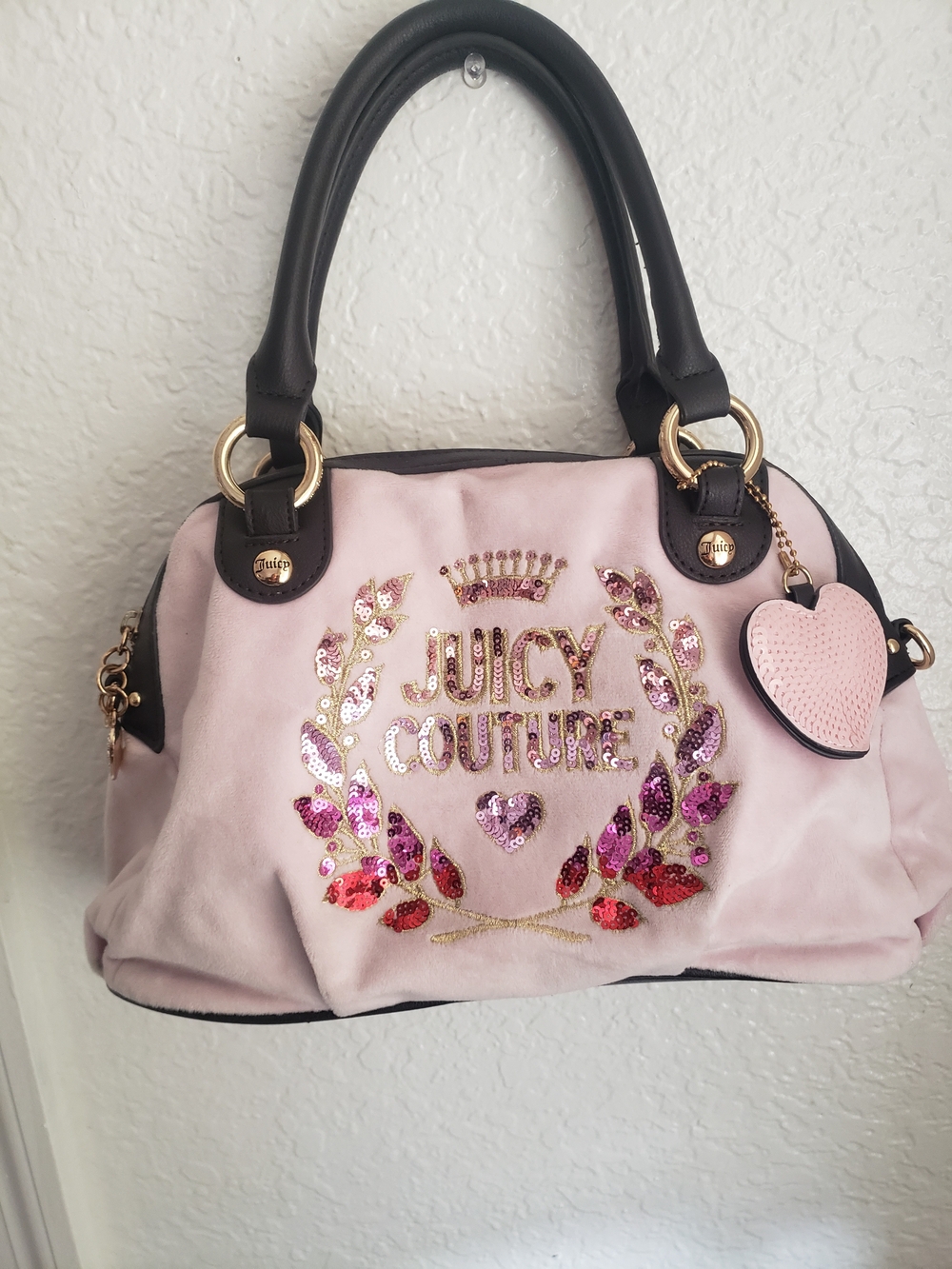 Juicy Couture Light Pink Sequin Emblem Satchel comes with long shoulder strap